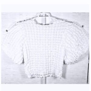 ANTHROPOLOGIE ERI + ALI TEXTURED BUBBLE PUFF SLEEVE BLOUSE TOP WHITE SIZE MEDIUM